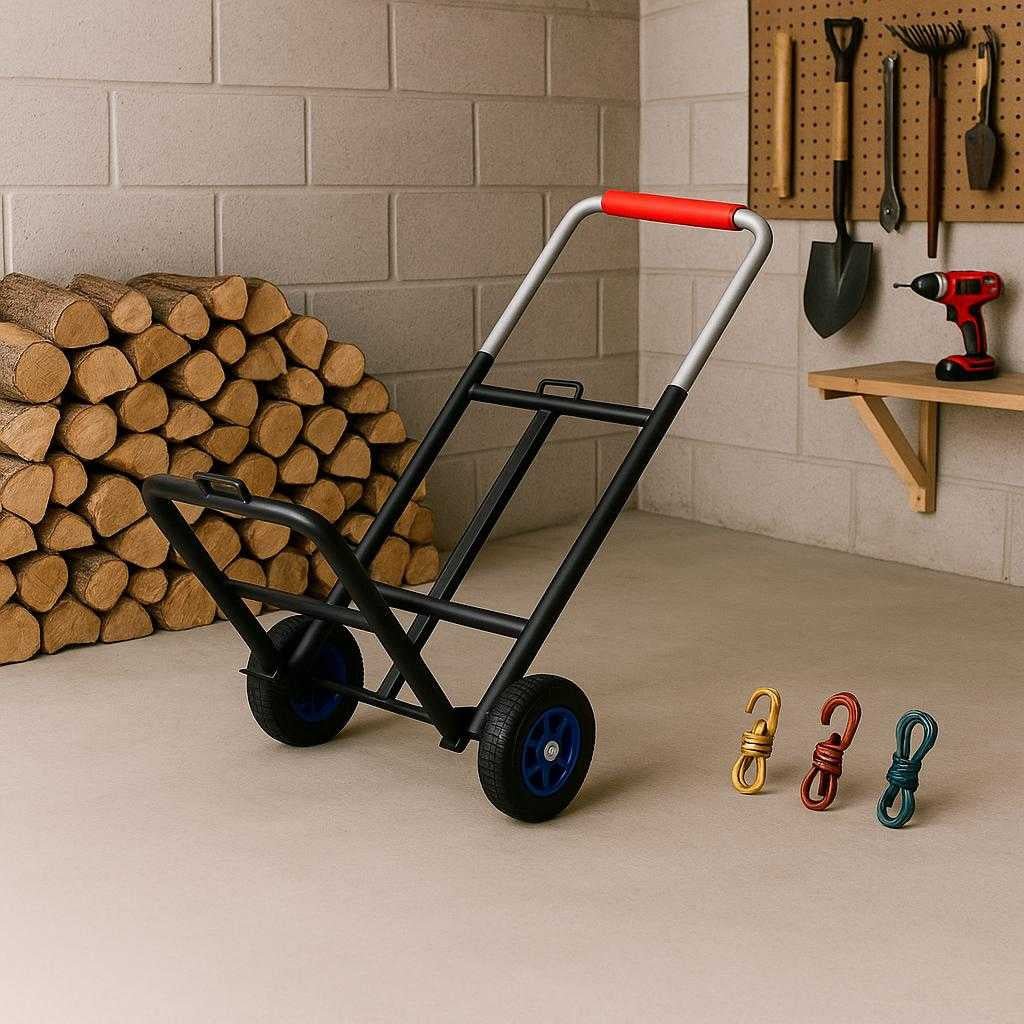 skkevogn-i-sort-med-strk-stlramme-og-rde-hndtag-let-og-holdbar-transportlsning-in-a-spacious-garage-the_15241187492227_scene2 Sækkevogn i Sort med Stærk Stålramme og Røde Håndtag – Let og Holdbar Transportløsning. In a spacious garage, the black hand cart with red handles stands ready beside a neatly stacked pile of firewood and assorted tools, highlighting its utility for various home tasks.