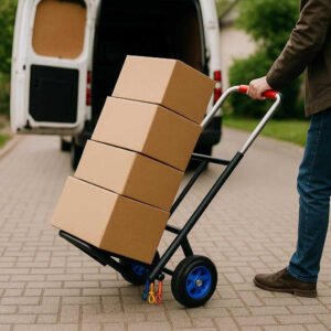 Sækkevogn i Sort med Stærk Stålramme og Røde Håndtag – Let og Holdbar Transportløsning. The sturdy black hand cart with red handles efficiently transports a stack of moving boxes along a paved driveway, with a person securely pushing it towards a loading van in the background.