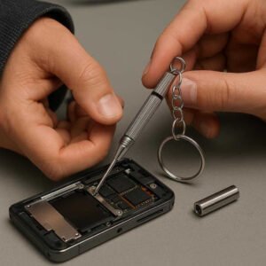 Skruetrækker Mini med Nøglekæde - Kompakt og Funktionel til Præcisionsarbejde i Høj Kvalitet. A technician uses the compact Skruetrækker Mini med Nøglekæde to secure a small screw in a precision electronic device on a workbench, emphasizing its functionality and portability.