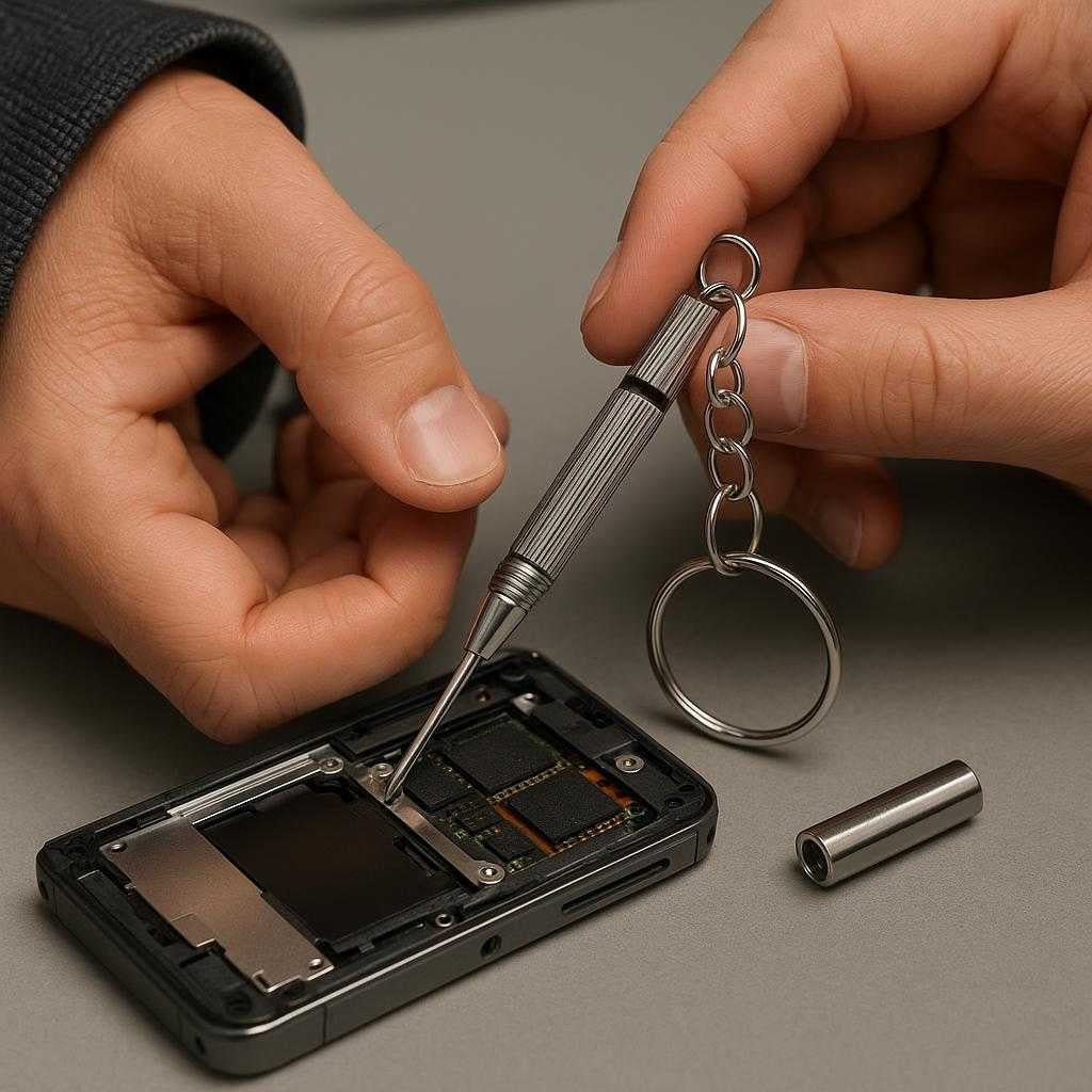 skruetrkker-mini-med-nglekde-kompakt-og-funktionel-til-prcisionsarbejde-i-hj-kvalitet-a-technician-uses-the-compact_15251581796739_scene1 Skruetrækker Mini med Nøglekæde - Kompakt og Funktionel til Præcisionsarbejde i Høj Kvalitet. A technician uses the compact Skruetrækker Mini med Nøglekæde to secure a small screw in a precision electronic device on a workbench, emphasizing its functionality and portability.