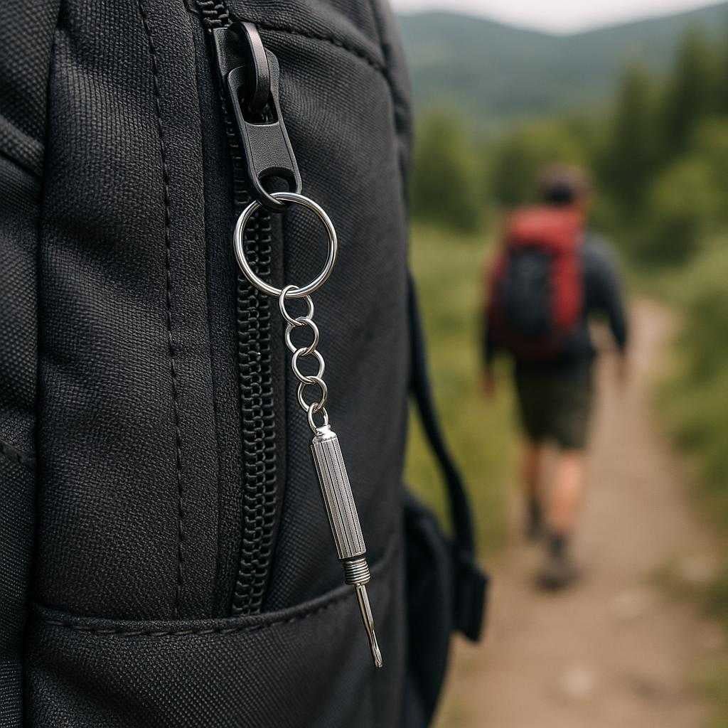 skruetrkker-mini-med-nglekde-kompakt-og-funktionel-til-prcisionsarbejde-i-hj-kvalitet-the-skruetrkker-mini-med-nglekde_15251581796739_scene2 Skruetrækker Mini med Nøglekæde - Kompakt og Funktionel til Præcisionsarbejde i Høj Kvalitet. The Skruetrækker Mini med Nøglekæde hangs from a keyring attached to a backpack zipper, showcasing its convenience and readiness for on-the-go repairs during a hiking adventure.