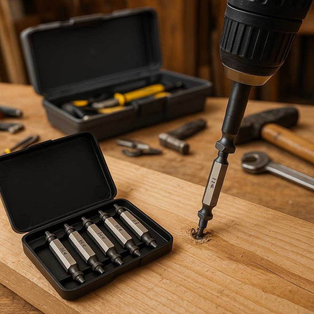 skrueudtrkkere-i-stl-professionel-st-til-beskadigede-skruer-hj-kvalitet-og-holdbarhed-the-robust-steel-screw-extractors_15251582189955_scene1 Skrueudtrækkere i Stål – Professionel Sæt til Beskadigede Skruer, Høj Kvalitet og Holdbarhed. The robust steel screw extractors are in action removing a damaged screw from a wooden plank in a well-lit workshop, with a toolbox and various tools scattered around.
