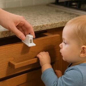 Skuffelås til børnesikring - Effektiv og diskret sikring af skuffer og skabe: A realistic kitchen setting where the childproof lock is properly grounded on a wooden drawer, being actively demonstrated by a parent who is showing how the lock prevents a curious toddler from accessing the contents inside.