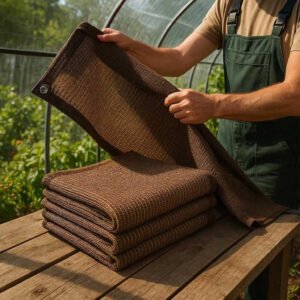 Skyggenet i kraftig vævning med UV-beskyttelse – Professionelt og robust til drivhus og haveanvendelse: A realistic garden setting where the product is properly grounded on a wooden workbench, being actively used by a gardener to cover a section of a greenhouse, with natural sunlight filtering through, casting realistic shadows and showing clear contact points where the product touches the workbench and the greenhouse structure.