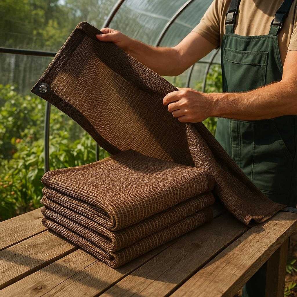 skyggenet-i-kraftig-vvning-med-uv-beskyttelse-pro_15251668271491_scene1 Skyggenet i kraftig vævning med UV-beskyttelse – Professionelt og robust til drivhus og haveanvendelse: A realistic garden setting where the product is properly grounded on a wooden workbench, being actively used by a gardener to cover a section of a greenhouse, with natural sunlight filtering through, casting realistic shadows and showing clear contact points where the product touches the workbench and the greenhouse structure.