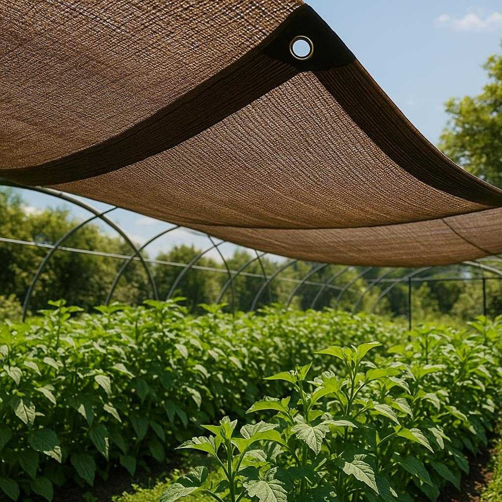 skyggenet-i-kraftig-vvning-med-uv-beskyttelse-professionelt-og-robust-til-drivhus-og-haveanvendelse-the-professionally-woven-shade-net_15251668271491_scene1 Skyggenet i kraftig vævning med UV-beskyttelse – Professionelt og robust til drivhus og haveanvendelse. The professionally woven shade net with UV protection is stretched across a greenhouse roof, casting a gentle shadow on flourishing green plants underneath in a sunny garden setting.