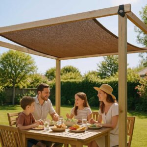 Skyggenet i kraftig vævning med UV-beskyttelse – Professionelt og robust til drivhus og haveanvendelse. The robust shade net is elegantly draped over a pergola in a backyard, providing cool shade for a family enjoying a leisurely lunch outside on a bright day.
