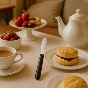 Smørkniv i træ med ergonomisk håndtag - Perfekt til morgenbordet. The knife is showcased on an elegant dining table set for afternoon tea, surrounded by delicate pastries, fresh fruit, and a steaming teapot, exuding warmth and sophistication in a cozy home setting.