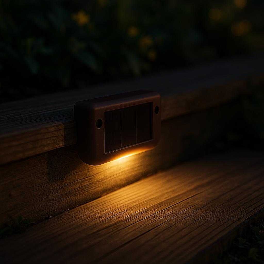 solcelle-trappelys-led-udendrslamper-med-automat_15215477948803_scene1 Solcelle Trappelys - LED Udendørslamper med Automatisk Sensor til Trapper og Hegn i Sort og Mørke Brun: A realistic outdoor garden setting at dusk, where the solar stair light is properly grounded on the edge of a wooden deck step, being naturally placed to illuminate the pathway.