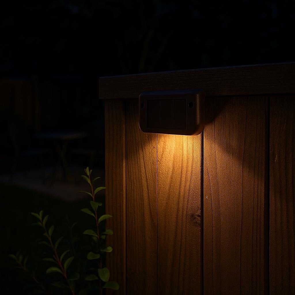 solcelle-trappelys-led-udendrslamper-med-automat_15215477948803_scene2 Solcelle Trappelys - LED Udendørslamper med Automatisk Sensor til Trapper og Hegn i Sort og Mørke Brun: A different realistic backyard fence setting during nighttime, where the solar light is securely positioned on the wooden fence, being used to softly light up the border of the yard.