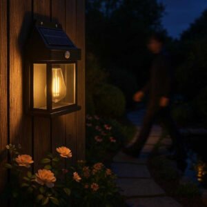 Solcelle udendørslampe med vægmontering og sensor - Tilgængelig i Sort & Hvid: A cozy backyard setting at dusk, where the solar outdoor lamp is mounted on a rustic wooden fence, illuminating a tranquil garden path.
