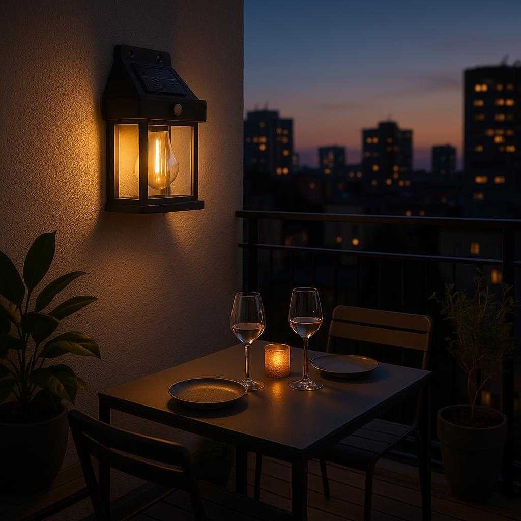 solcelle-udendrslampe-med-vgmontering-og-sensor_15230799282563_scene2 Solcelle udendørslampe med vægmontering og sensor - Tilgængelig i Sort & Hvid: An urban balcony during early evening, where the solar outdoor lamp is fixed to the apartment wall.