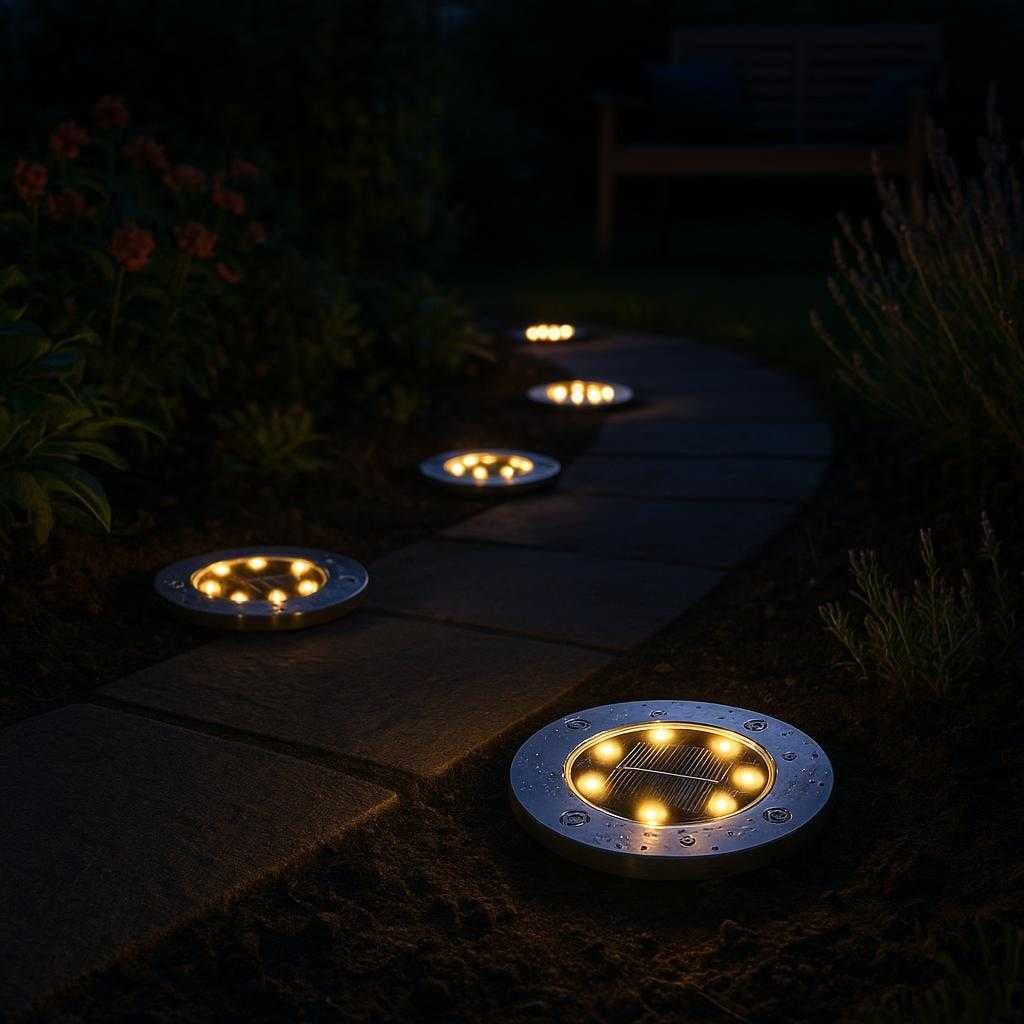 solcellelamper-til-haven-4-pak-jordspyd-med-led-a_15213357138307_scene1 Solcellelamper til Haven: 4-pak Jordspyd med LED & Automatisk Opladning - Tilgængelig i Hvid og Varm Hvid: A realistic evening garden setting where the solar lights are properly grounded in a garden path, illuminating the walkway with a warm glow.