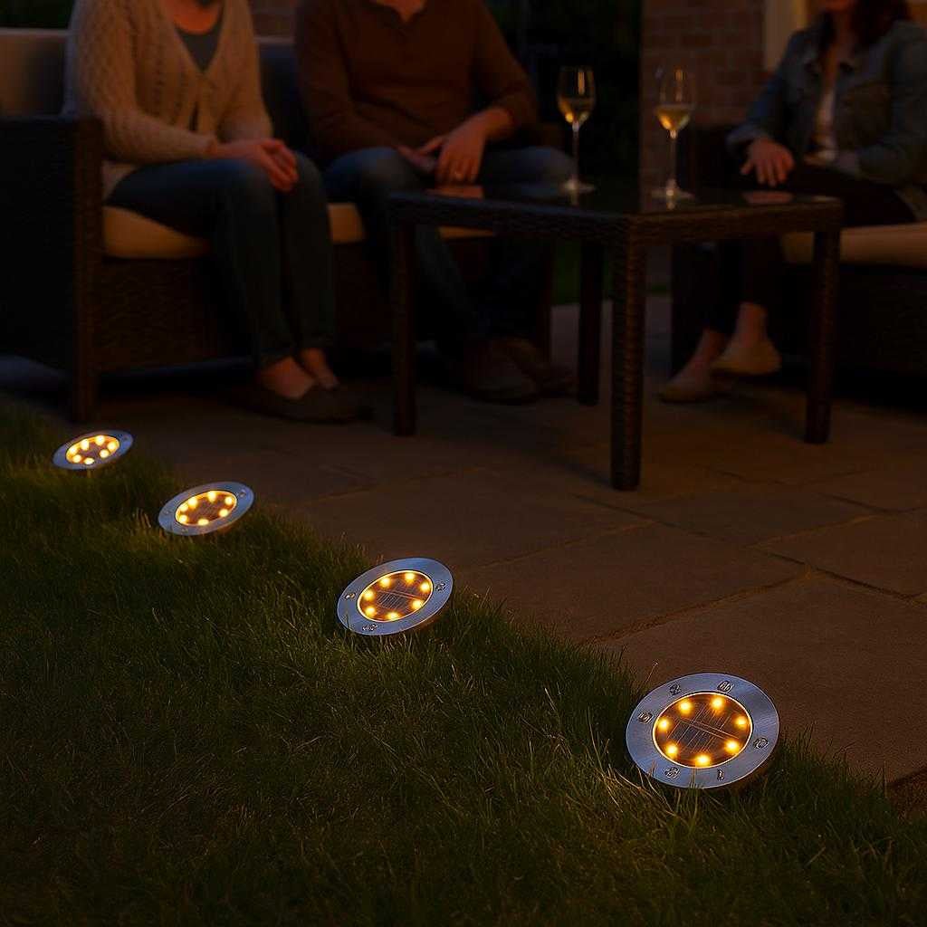 solcellelamper-til-haven-4-pak-jordspyd-med-led-a_15213357138307_scene2 Solcellelamper til Haven: 4-pak Jordspyd med LED & Automatisk Opladning - Tilgængelig i Hvid og Varm Hvid: A different realistic backyard setting at dusk where the solar lights are placed along the edge of a patio, providing ambient light in a seating area where a small gathering is taking place.