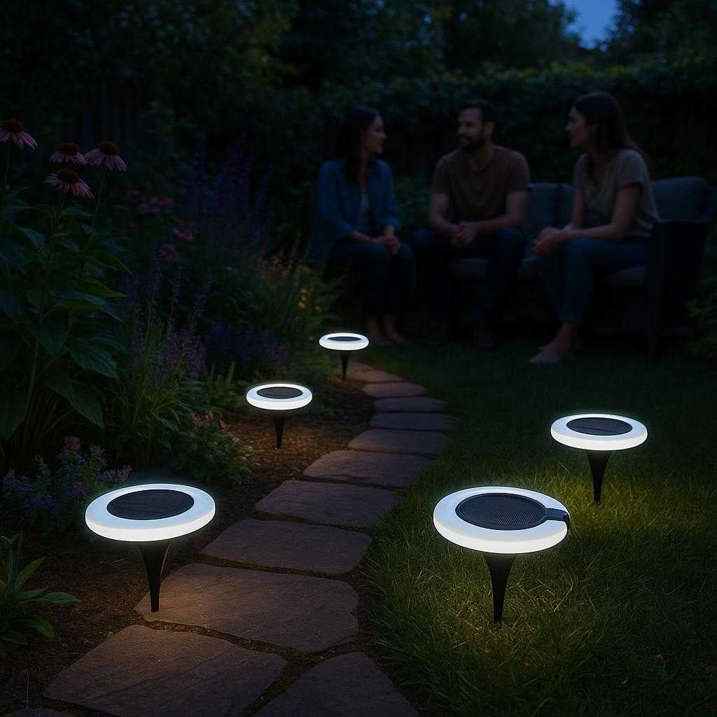 solcellelamper-til-haven-moderne-og-energieffektiv_15221156774275_scene1 Solcellelamper til Haven: Moderne og Energieffektive LED Lys med Jordspyd og Vægophæng: A tranquil backyard garden at dusk, where the solar garden lights are elegantly placed along a stone pathway.