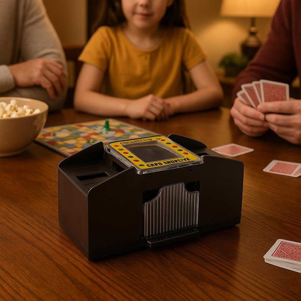 sort-automatisk-kortblander-nem-og-retfrdig-blan_15207526629763_scene2 Sort automatisk kortblander - Nem og retfærdig blanding af 2 sæt spillekort: A different realistic family game night setting where the card shuffler is securely positioned on a polished wooden dining table, being naturally placed and ready to shuffle cards for a game.