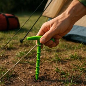 Spiralformet Nylon Pløk i Grøn, Rød og Sort - Ekstra Holdbar, Vindstabil og Funktionel til Telte: A realistic camping site with a tent in the background, where the product is properly grounded in soil, being actively used by a camper's hand to secure the tent ropes.