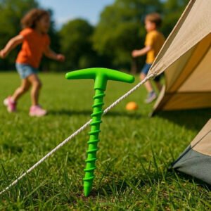 Spiralformet Nylon Pløk i Grøn, Rød og Sort - Ekstra Holdbar, Vindstabil og Funktionel til Telte. The green spiral tent peg is firmly twisted into the grass, securing a taut tent rope at a vibrant campsite with children playing nearby.