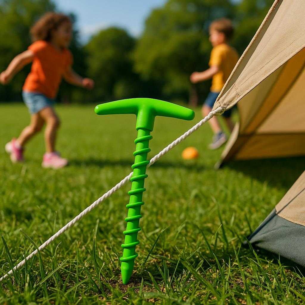 spiralformet-nylon-plk-i-grn-rd-og-sort-ekstra-holdbar-vindstabil-og-funktionel-til-telte-the-green-spiral-tent-peg_15251756908931_scene1 Spiralformet Nylon Pløk i Grøn, Rød og Sort - Ekstra Holdbar, Vindstabil og Funktionel til Telte. The green spiral tent peg is firmly twisted into the grass, securing a taut tent rope at a vibrant campsite with children playing nearby.