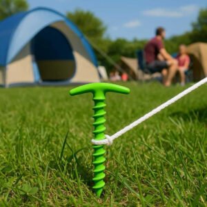 Spiralformet Nylon Pløk i Grøn, Rød og Sort - Ekstra Holdbar, Vindstabil og Funktionel til Telte. The vibrant green spiral tent peg is twisted securely into the grass, holding a taut tent line at a bustling family campsite under a clear blue sky.