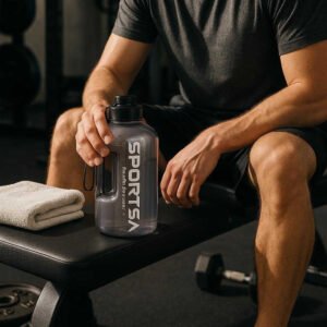 Sportsdrikkedunk med Håndtag – Stor 2L Vandflaske til Træning og Hverdag, Gennemsigtig Plast: A realistic gym setting where the product is properly grounded on a gym bench, being actively used by a person in workout attire who is taking a break, with natural lighting casting realistic shadows and showing clear contact points where the product touches the bench, surrounded by weights and a towel to enhance the gym atmosphere.