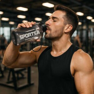 Sportsdrikkedunk med Håndtag – Stor 2L Vandflaske til Træning og Hverdag, Gennemsigtig Plast. A gym-goer gripping the large 2L transparent plastic sports water bottle with handle, taking a refreshing sip after an intense workout in a bustling fitness center filled with exercise equipment and focused athletes.