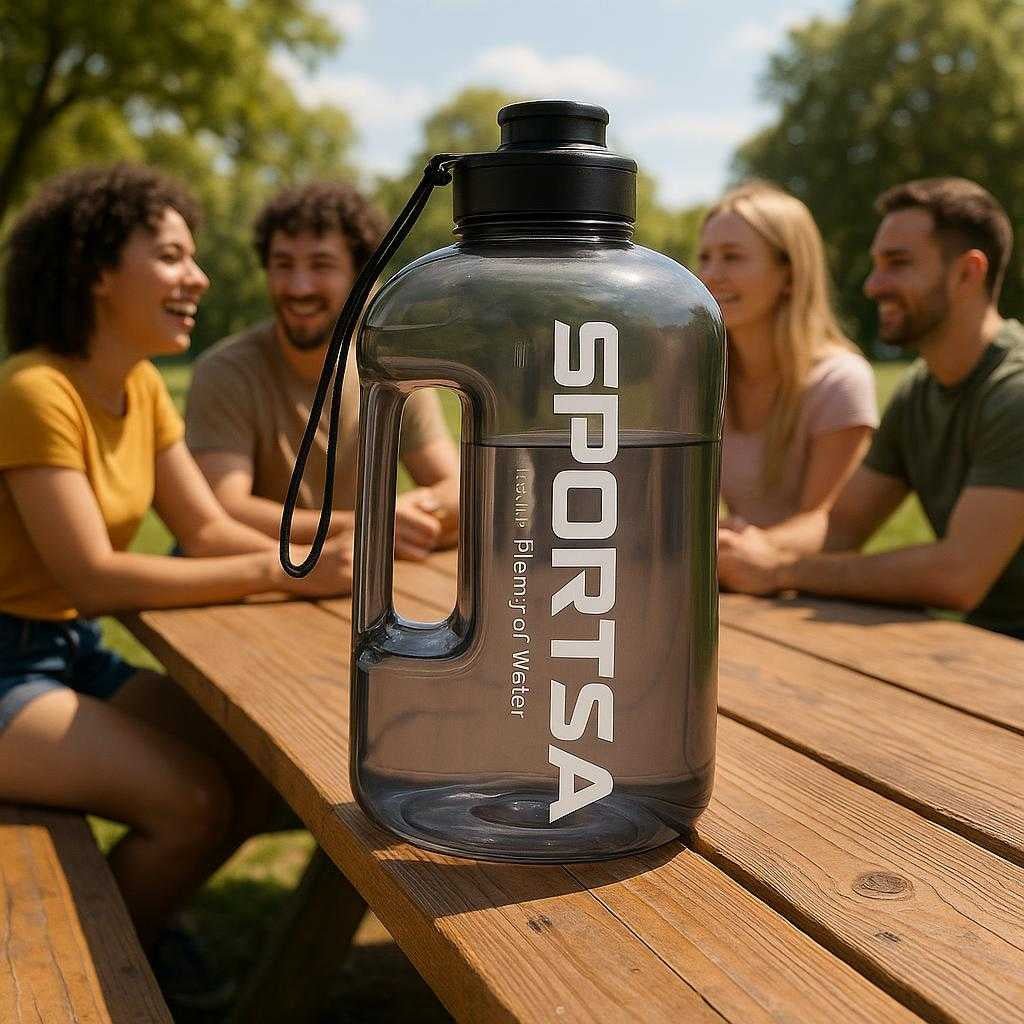 sportsdrikkedunk-med-hndtag-stor-2l-vandflaske-til-trning-og-hverdag-gennemsigtig-plast-the-2l-sports-water-bottle_15251647758723_scene2 Sportsdrikkedunk med Håndtag – Stor 2L Vandflaske til Træning og Hverdag, Gennemsigtig Plast. The 2L sports water bottle sits prominently on a wooden picnic table at a sunny park, surrounded by a group of friends enjoying a casual outdoor gathering, with lush green trees and a clear sky in the background.
