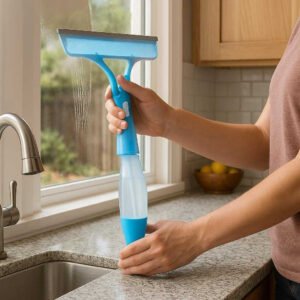 Sprayvinduesvasker med Integreret Sprayfunktion – Effektiv Rengøring i Blå og Grå: A realistic kitchen setting where the spray window cleaner is properly grounded on a kitchen countertop, being actively used by a person's hands to clean the window, with natural lighting casting realistic shadows and showing clear contact points where the product touches the counter.
