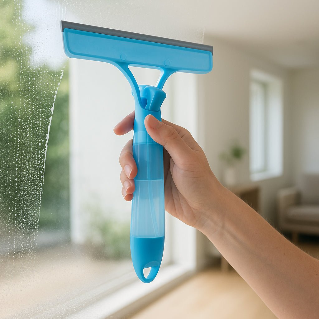 sprayvinduesvasker-med-integreret-sprayfunktion-e_15223709794691_scene1_dc780a59-461e-4f96-8a0c-824c73ed81da Sprayvinduesvasker med Integreret Sprayfunktion – Effektiv Rengøring i Blå og Grå: A close-up image of a hand using the spray window cleaner on a large glass window in a bright, modern living room.