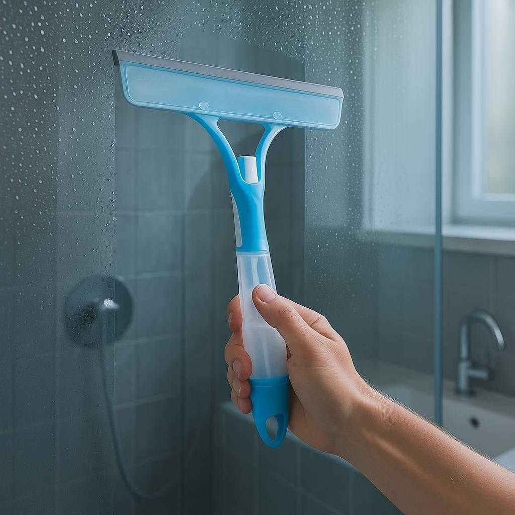 sprayvinduesvasker-med-integreret-sprayfunktion-e_15223709794691_scene2 Sprayvinduesvasker med Integreret Sprayfunktion – Effektiv Rengøring i Blå og Grå: A modern bathroom setting, where the sprayvinduesvasker is being used to remove water droplets from a glass shower door.