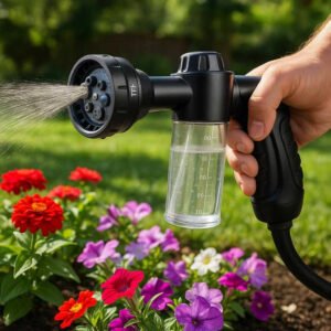 Sprøjtepistol til effektiv rengøring og vanding - Justerbar dyse og ergonomisk greb: A realistic backyard garden setting where the spray gun is properly grounded in a person's hand, actively used to water flower beds.
