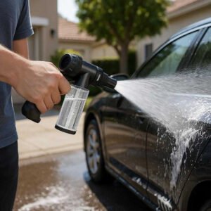 Sprøjtepistol til effektiv rengøring og vanding - Justerbar dyse og ergonomisk greb: A different realistic car washing scene in a driveway, where the spray gun is securely positioned in a person's hand, used for cleaning a car.