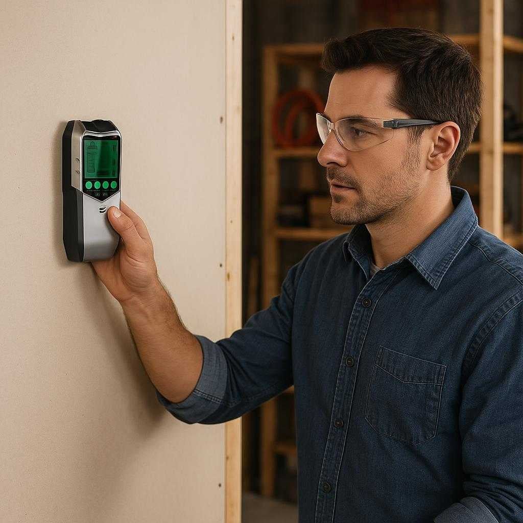 stendersger-5-i-1-professionel-digital-vgscanner-med-lcd-prcision-hj-kvalitet-a-professional-confidently-uses-the_15240394736003_scene1 Stendersøger 5-i-1 – Professionel Digital Vægscanner med LCD, Præcision & Høj Kvalitet. A professional confidently uses the digital wall scanner on a drywall surface, identifying studs and pipes with precision in a well-lit workshop setting.