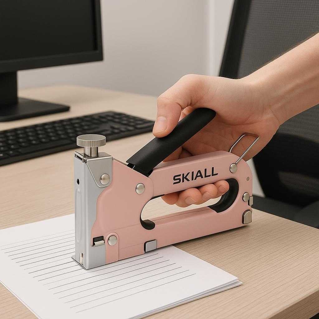 stiftepistol-i-pink-og-bl-metal-plastik-gummi_15378300633475_scene2 Stiftepistol i Pink og Blå - metal, Plastik, Gummi - Fleksibel og Ergonomisk: A different realistic office setting where the stapler is securely positioned on a modern desk, being used to bind a stack of documents together.