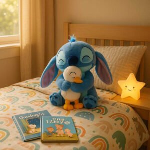 Stitch bamse med and: Blød, sød og tryg plysven til leg og kram i blå og hvid: A cozy children's bedroom softly lit by morning sunlight streaming through a window, where the product is placed prominently on a neatly made bed with a colorful duvet.