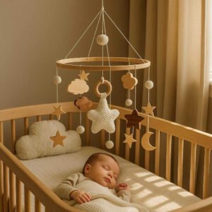 Stjerner Uro Af Træ med Stjerner og Skyer til Baby - Høj Kvalitet og Bæredygtigt Design: A realistic nursery setting where the wooden mobile is securely hanging above a crib, with plush bedding and a sleeping baby in the crib.