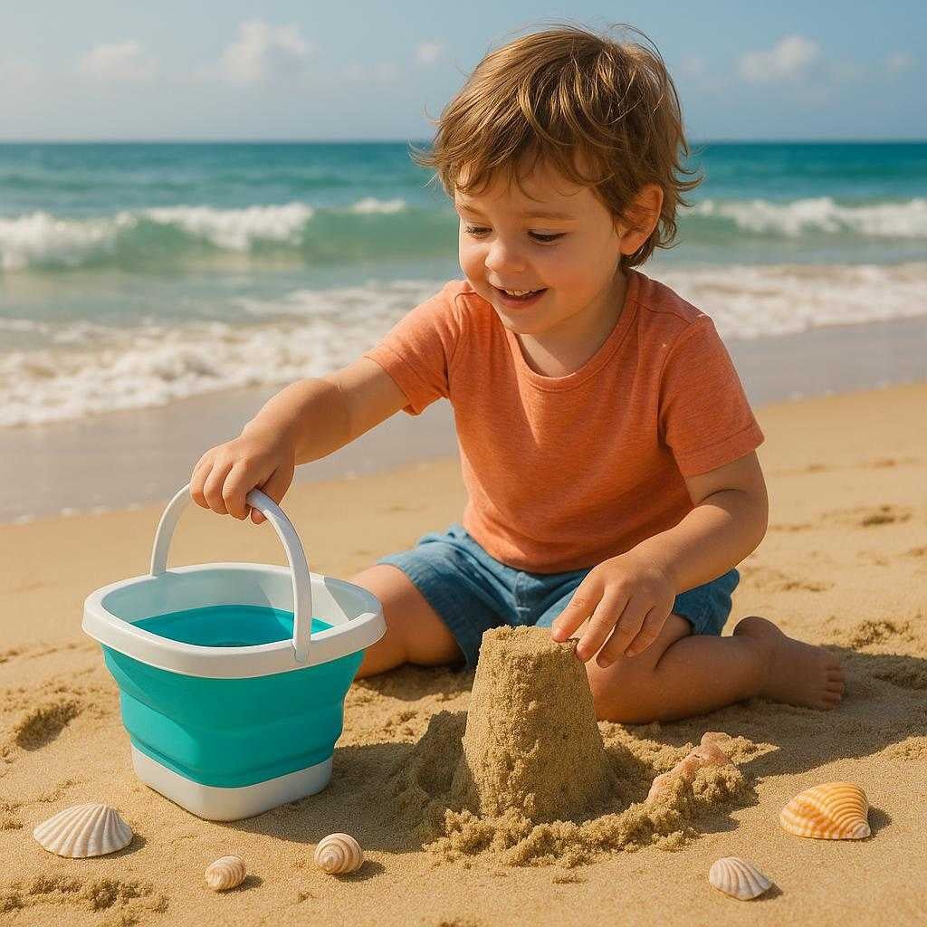 strandlegetj-til-brn-foldbar-spand-og-sandform-bl-og-hvid-moderne-og-holdbart-a-child-uses-the-blue_15238144393603_scene1 Strandlegetøj til børn - Foldbar spand og sandform - Blå og hvid - Moderne og holdbart. A child uses the blue and white foldable bucket to build a sandcastle at a sunny beach, surrounded by playful waves and scattered seashells.