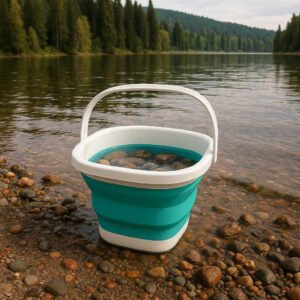 Strandlegetøj til børn - Foldbar spand og sandform - Blå og hvid - Moderne og holdbart. The blue and white foldable bucket sits by a lakeside, filled with water and pebbles, with a scenic forest in the background, ready for an adventurous day out.