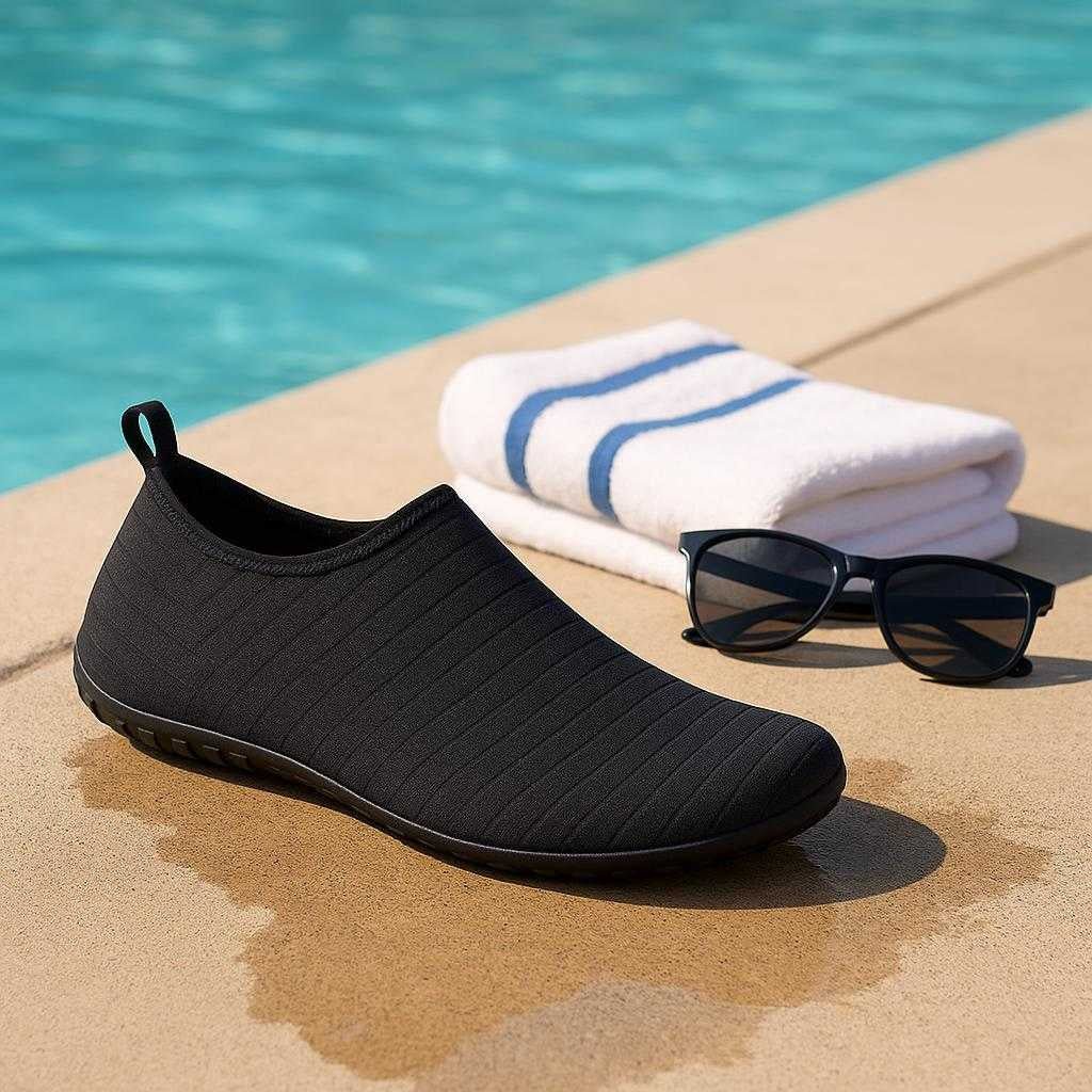 strandsokker-tilbehr-skridsikre-badesokker-til-s_15061934637443_scene2 Strandsokker tilbehør - Skridsikre badesokker til strand og vandaktiviteter: A different realistic poolside setting where the sock is securely positioned on a wet pool deck, being naturally placed next to a towel and sunglasses.