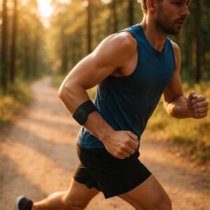 Støttebånd i Neopren – Justerbar Høj Kvalitet til Komfortabel Stabilitet og Ergonomi. An athlete is running on a scenic trail, wearing the adjustable neoprene support band around their forearm for stability and ergonomic support, with sunlight filtering through the trees.