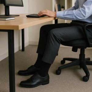 Støttestrømper i Kompression - Forbedret Blodcirkulation og Komfort i Høj Kvalitet, Sorte, Knæhøje, XS/S til XLL/XXL: A different realistic office setting where the socks are securely positioned on a professional's feet under a desk.