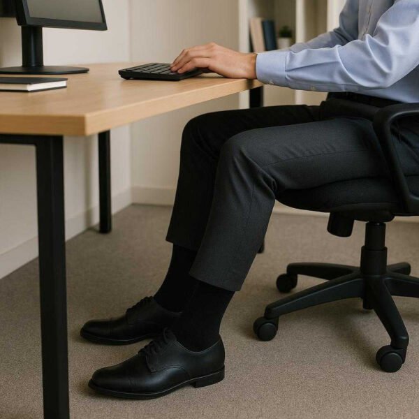 Støttestrømper i Kompression - Forbedret Blodcirkulation og Komfort i Høj Kvalitet, Sorte, Knæhøje, XS/S til XLL/XXL: A different realistic office setting where the socks are securely positioned on a professional's feet under a desk.