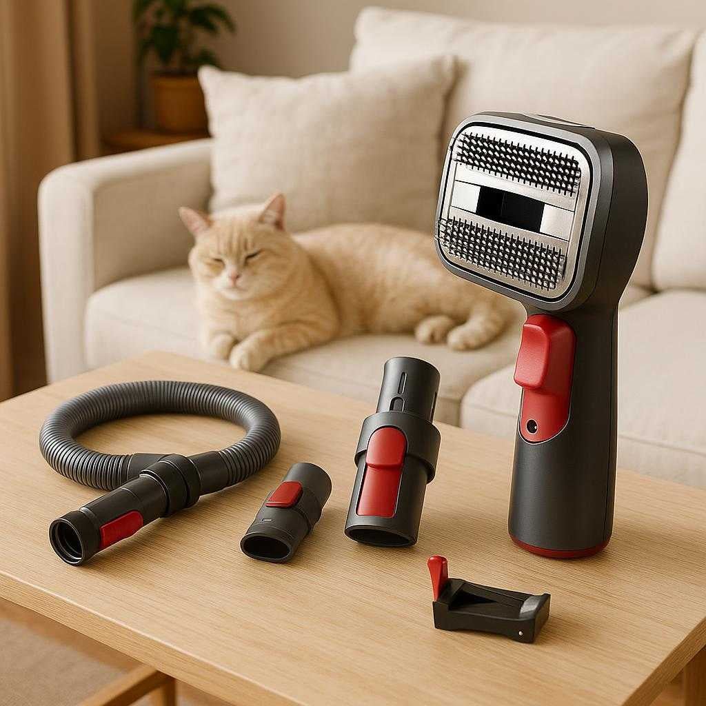 stvsugerbrste-til-dyrehr-professionel-hj-kvalitet-stvsugerbrste-med-ergonomisk-design-og-fleksible-adaptere-the-ergonomic-vacuum-brush-shown_15241205318019_scene2 Støvsugerbørste til Dyrehår - Professionel, Høj Kvalitet Støvsugerbørste med Ergonomisk Design og Fleksible Adaptere. The ergonomic vacuum brush, shown with its flexible adapters, is displayed on a coffee table in a cozy living room, with a content cat lounging nearby on a pristine sofa.