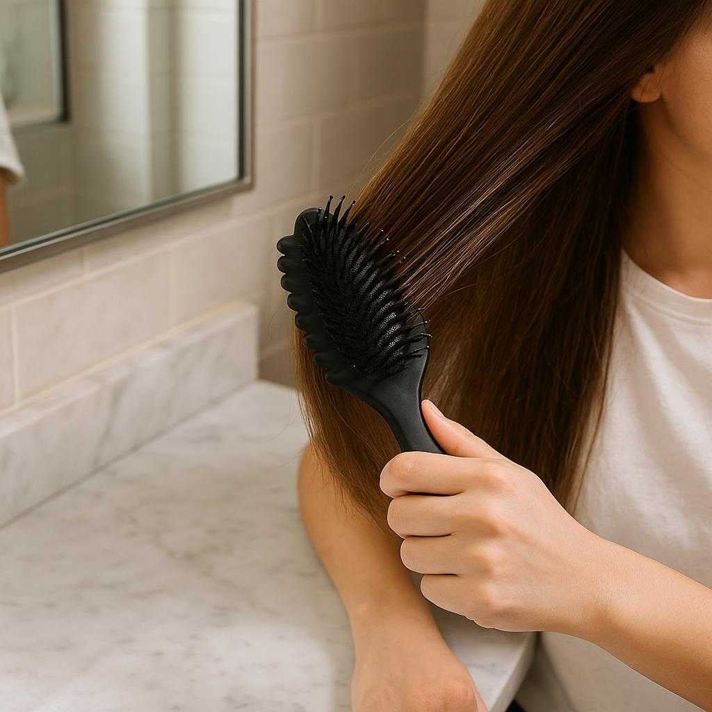 stylingbrste-med-varme-professionel-kvalitet-til_15220959314307_scene1 Stylingbørste med varme - Professionel kvalitet til detangling og styling af hår - Tilgængelig i Sort, Lilla, Lyserød og Lyseblå: A realistic bathroom setting where the styling brush is properly grounded on a marble countertop next to a mirror, being actively used by a person to detangle and style their hair.