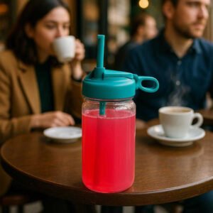 Sugerør med integreret låg - Praktisk og farverigt design til hverdagens drikkevarer. A vibrant drink with the straw and integrated lid attached sits on a café table, surrounded by busy patrons and steaming coffee cups, showing its practical use for on-the-go beverages.