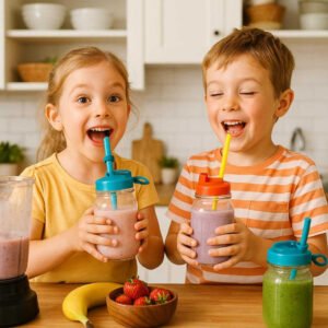 Sugerør med integreret låg - Praktisk og farverigt design til hverdagens drikkevarer. The colorful straw and lid combo used in a lively kitchen setting, with children excitedly drinking smoothies, highlighting its fun and functional design for everyday hydration.