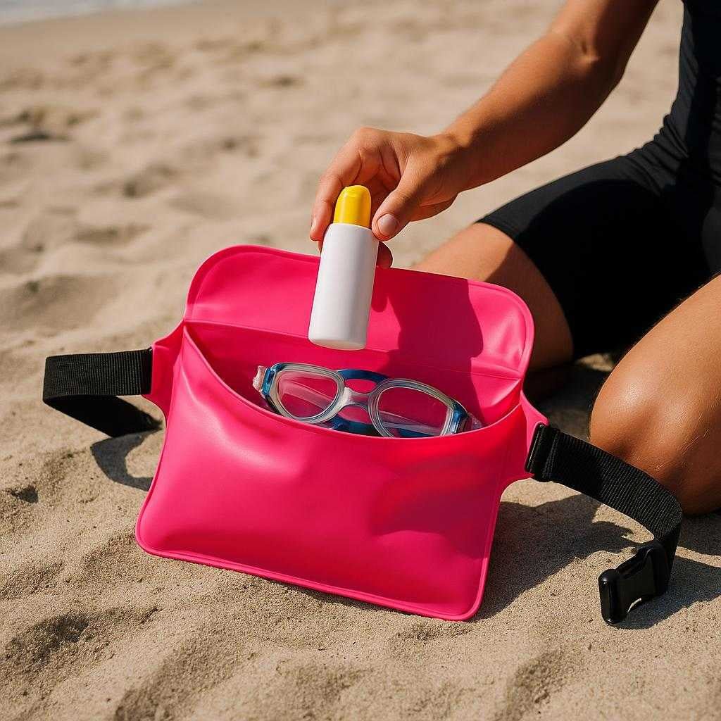 svmmetaske-i-moderne-design-vandtt-og-foldbar-id_15213835682179_scene1 Svømmetaske i moderne design - Vandtæt og foldbar, ideel til strand, træning og outdoor - Tilgængelig i 7 farver: A realistic beach setting where the Svømmetaske i moderne design is properly grounded on a sandy surface, being actively used by a person who is preparing to swim.