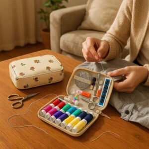 Sy kit - 87stk med stof, plastik, metal - bærbar, kompakt, mange værktøjer: A realistic home setting where the sewing kit is properly grounded on a wooden table in a cozy living room.