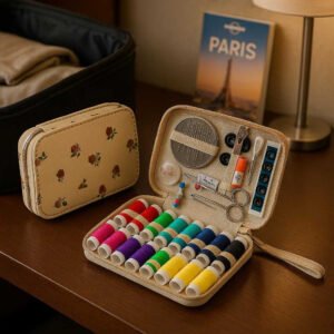 Sy kit - 87stk med stof, plastik, metal - bærbar, kompakt, mange værktøjer: A different realistic travel setting where the sewing kit is securely positioned on a hotel room desk.