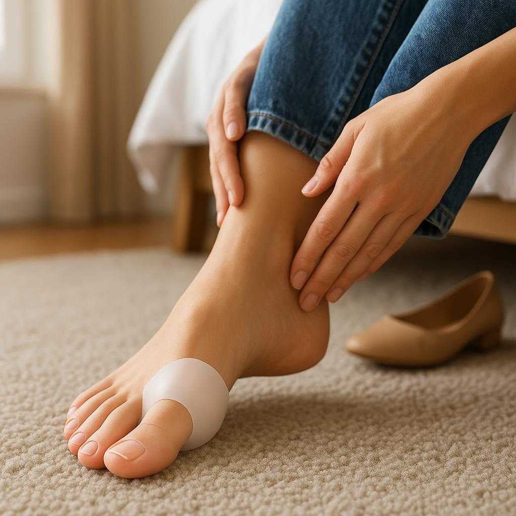 t-separator-separator-i-silikone-og-bld-plastik_15378301550979_scene1 Tå Separator → Separator i Silikone og Blød Plastik - 2 stk. - Forbedret Komfort og Forebyggelse af Vabler: A realistic bedroom setting where the product is properly grounded on a soft, carpeted floor, being actively used by a person's foot as they sit on the bed, preparing for a day out.